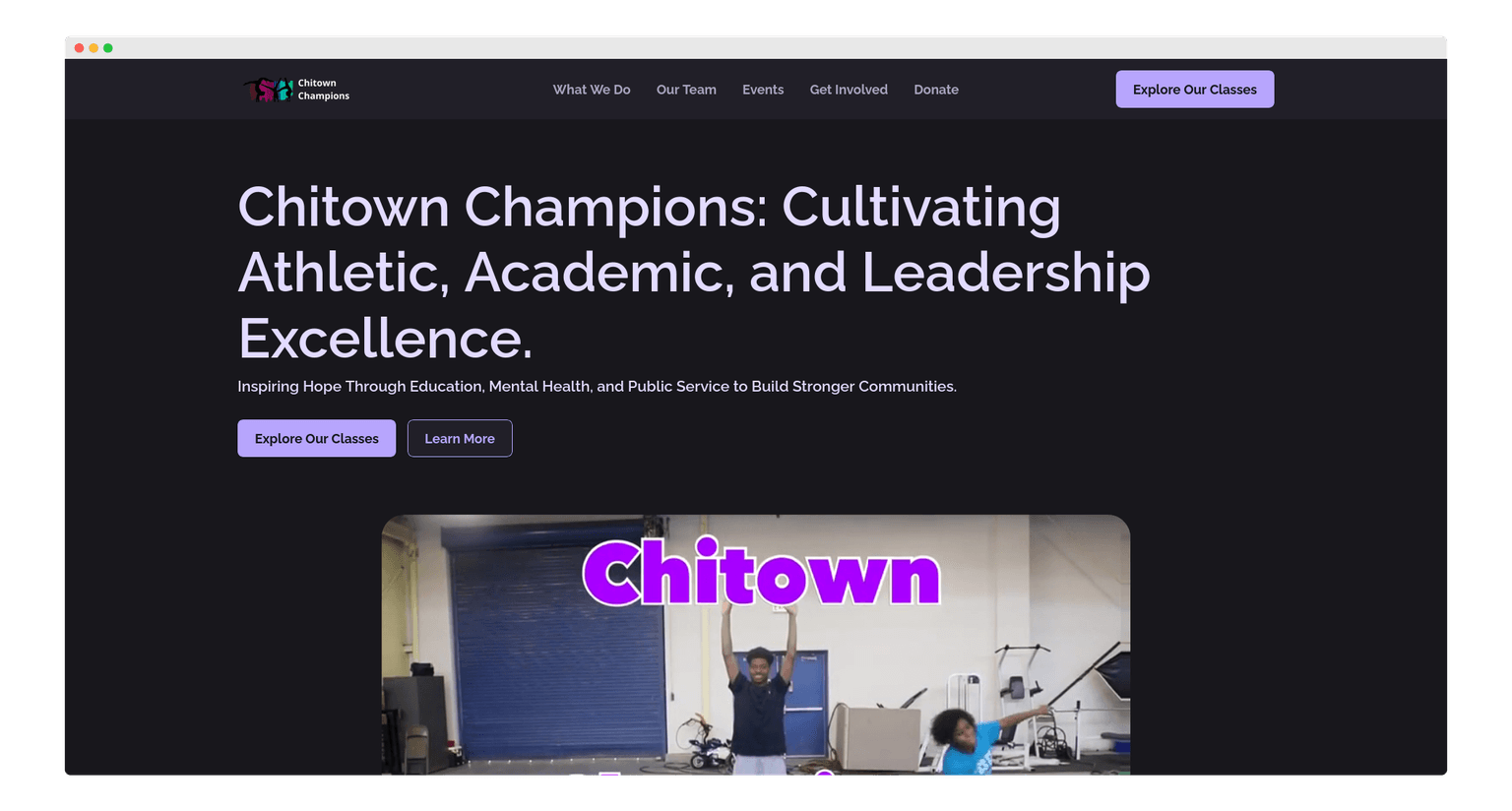 Chitown Champions website homepage showcasing the tumbling and leadership program