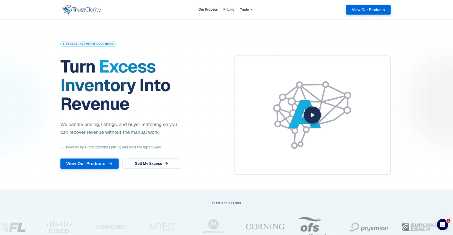 TrustClarity redesigned homepage — "Turn Excess Inventory Into Revenue" with clean B2B SaaS layout and featured brand logos